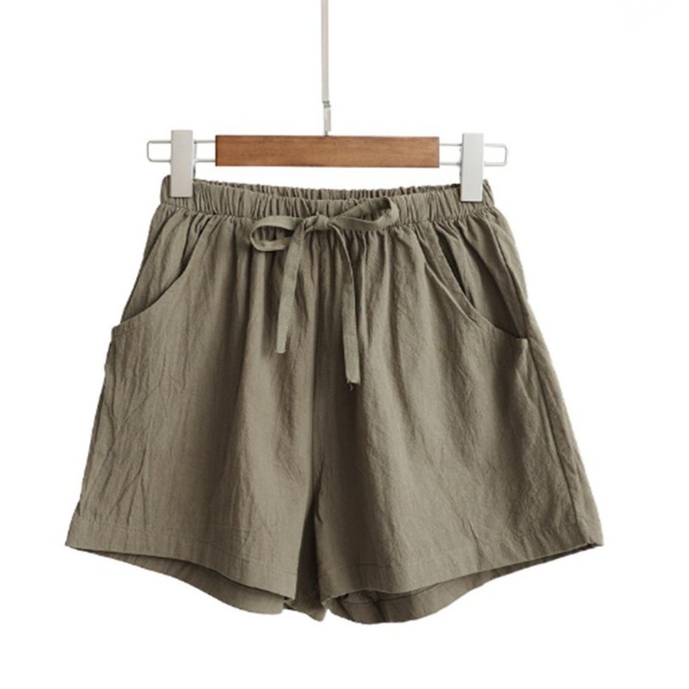 Cotton Linen Mid Waist Short Pants (Green, Grey)